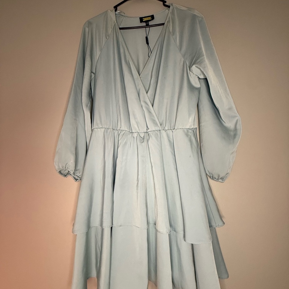 Blue Long Sleeve Wrap Dress with V-Neck